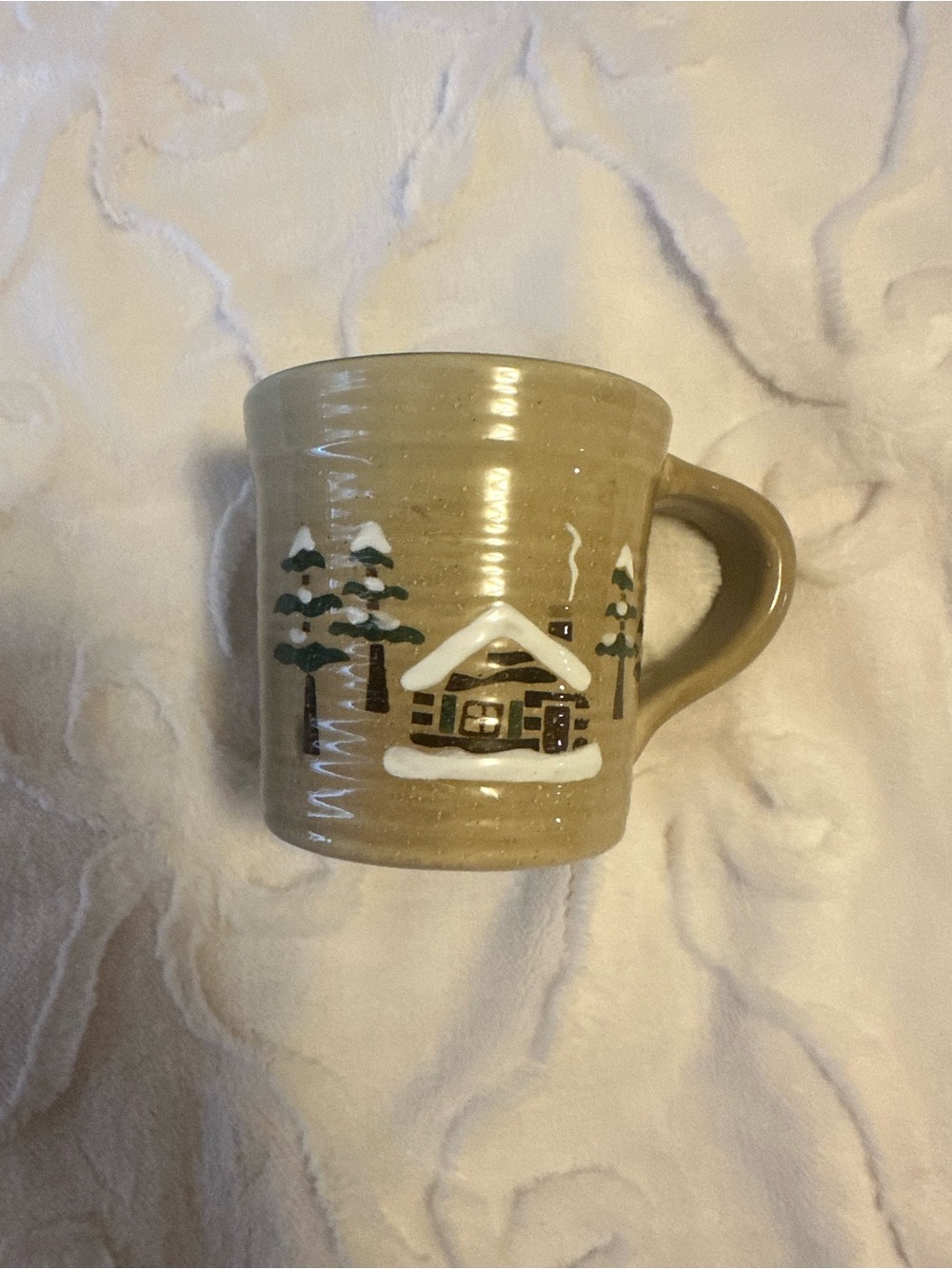 Sonoma Tan Ceramic Mug with Snowy Cabin Design new with out tags